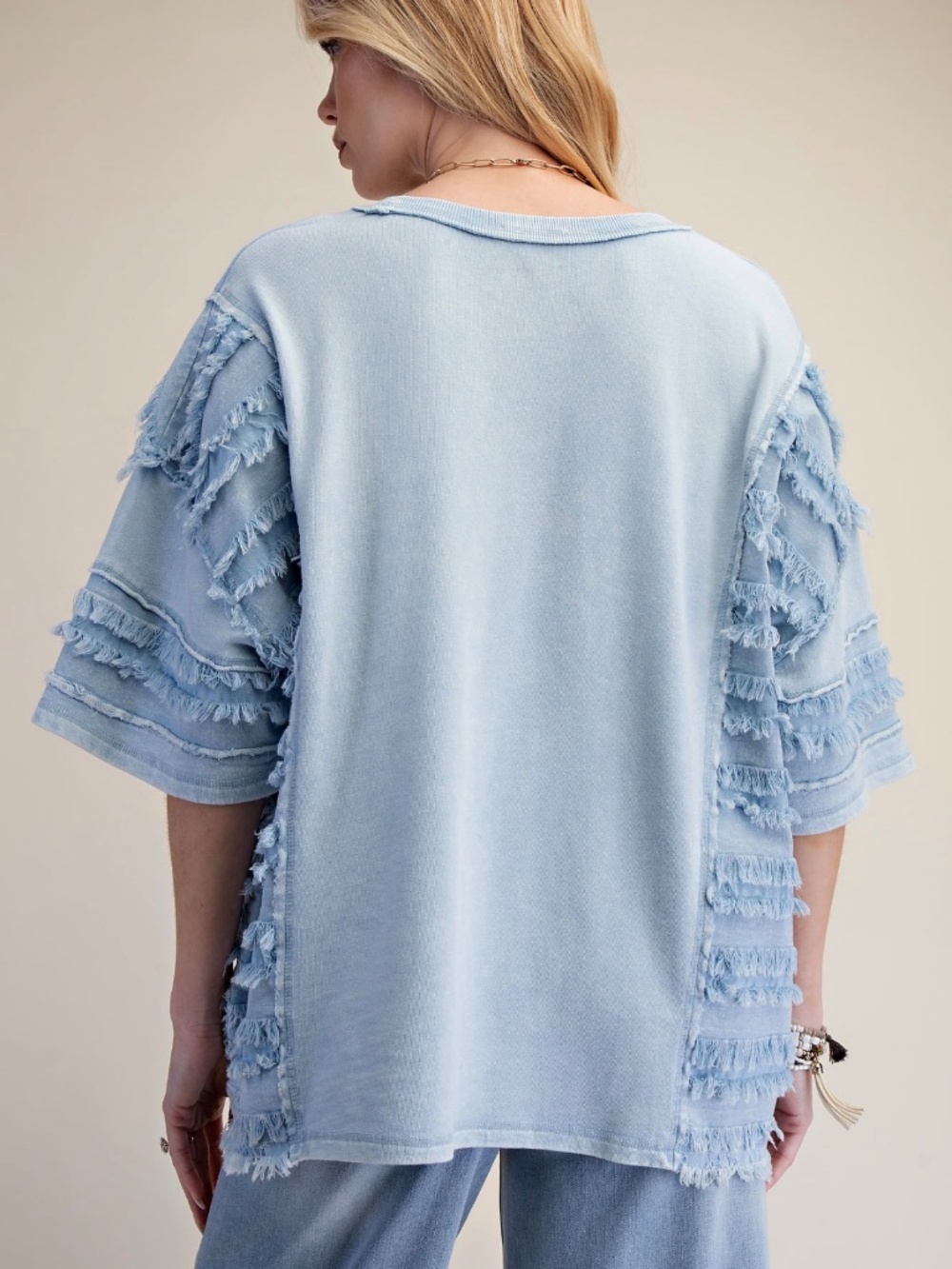 Easel Dusty blue Mineral Wash Frayed Loose Fit Short Sleeve Top - Picture 2 of 2